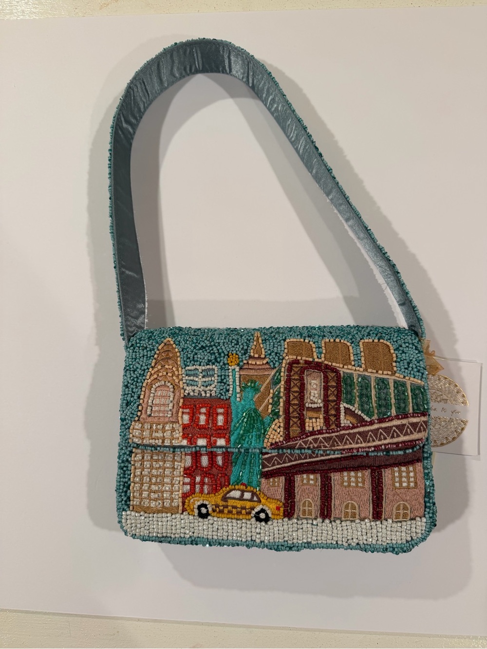 Viral New York Beaded Teal Cityscape Shoulder Bag.